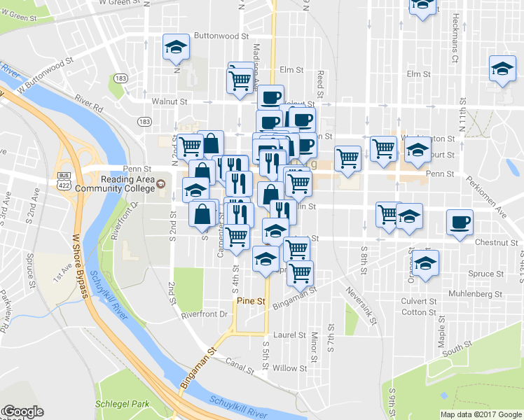 map of restaurants, bars, coffee shops, grocery stores, and more near 106 South 5th Street in Reading
