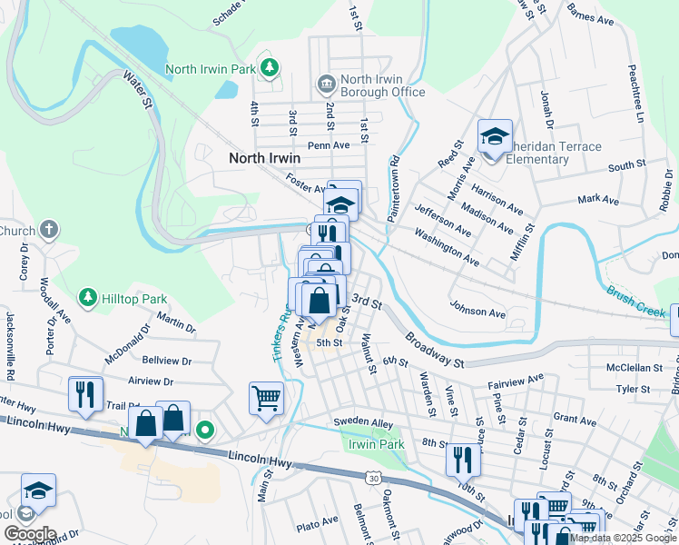 map of restaurants, bars, coffee shops, grocery stores, and more near 205 Main Street in Irwin