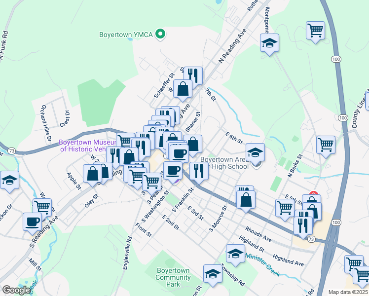 map of restaurants, bars, coffee shops, grocery stores, and more near 28 East 4th Street in Boyertown