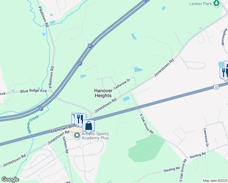 map of restaurants, bars, coffee shops, grocery stores, and more near 7195 Catherine Drive in Harrisburg