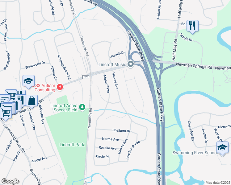 map of restaurants, bars, coffee shops, grocery stores, and more near 68 Harvey Avenue in Lincroft