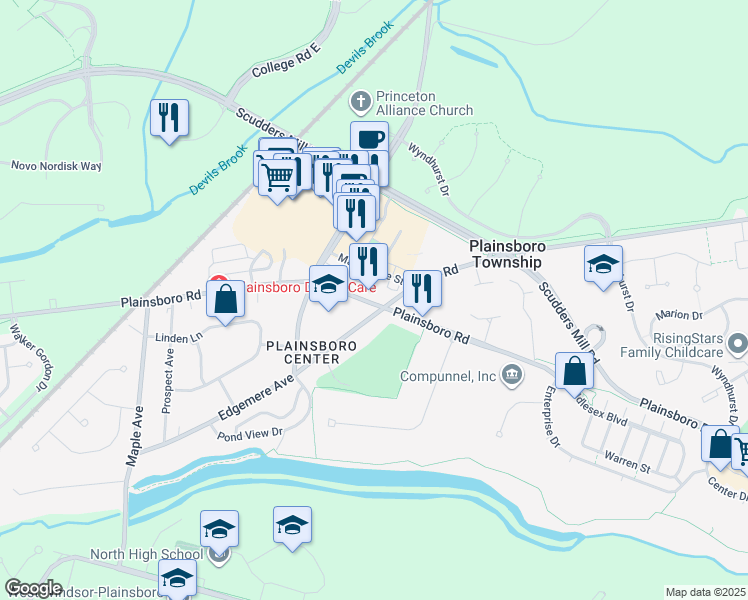 map of restaurants, bars, coffee shops, grocery stores, and more near 517 Plainsboro Road in Plainsboro Center