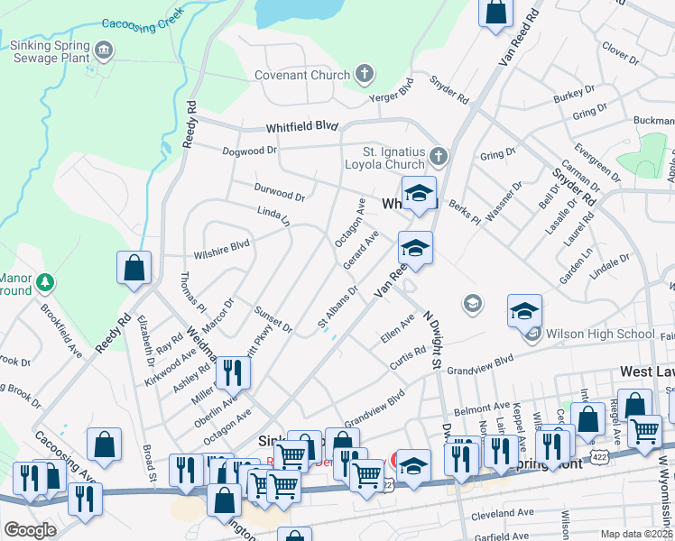 map of restaurants, bars, coffee shops, grocery stores, and more near 3004 Octagon Avenue in Reading