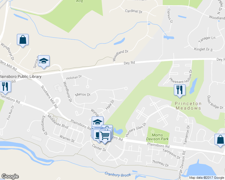 map of restaurants, bars, coffee shops, grocery stores, and more near 117 Marion Drive in Princeton Meadows
