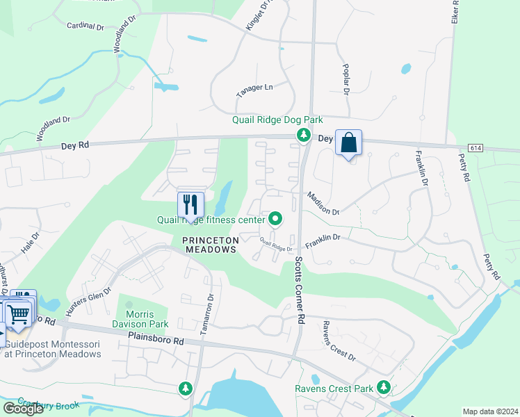 map of restaurants, bars, coffee shops, grocery stores, and more near 4584 Quail Ridge Drive in Princeton Meadows