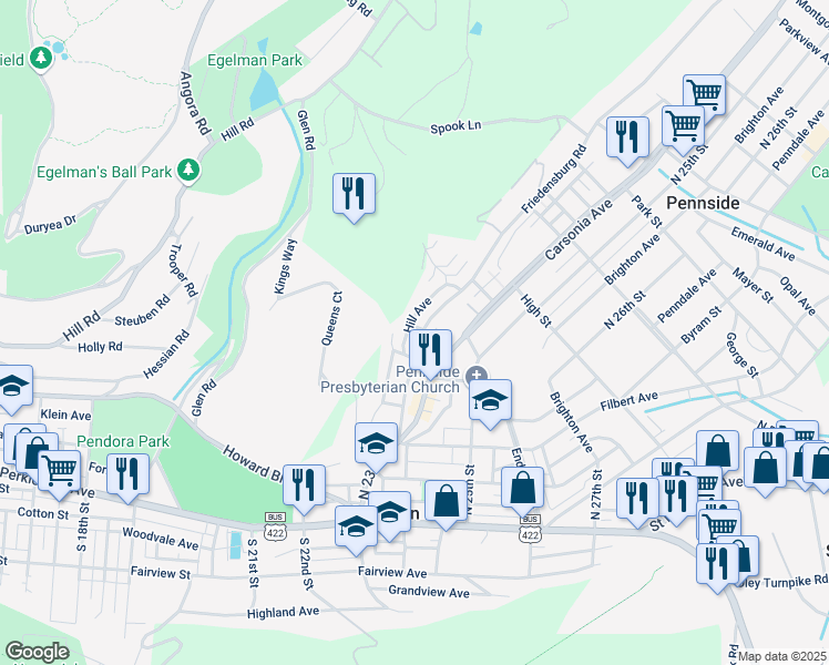 map of restaurants, bars, coffee shops, grocery stores, and more near 316 Friedensburg Road in Mount Penn