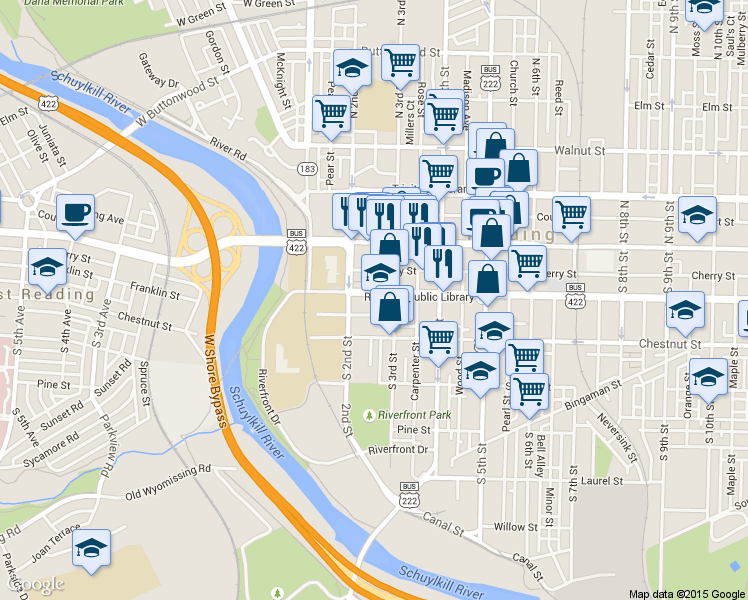 map of restaurants, bars, coffee shops, grocery stores, and more near 232 Franklin Street in Shoemakersville