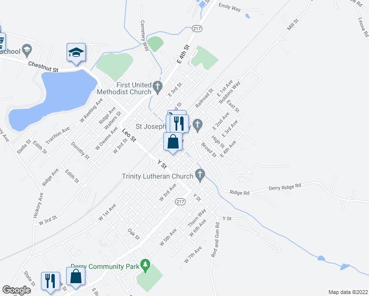 map of restaurants, bars, coffee shops, grocery stores, and more near 123 East 2nd Avenue in Derry