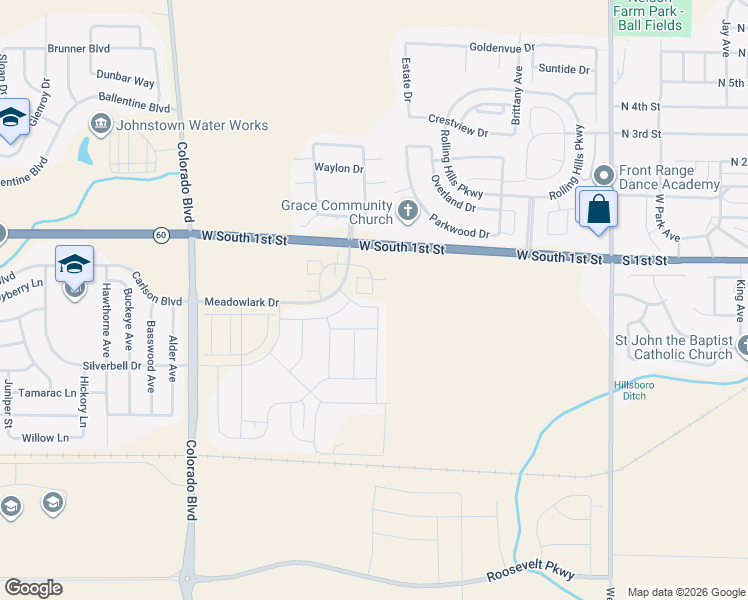 map of restaurants, bars, coffee shops, grocery stores, and more near 2102 Hunter Court in Johnstown