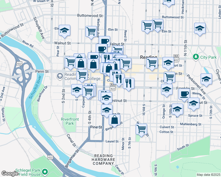 map of restaurants, bars, coffee shops, grocery stores, and more near 522 Franklin Street in Reading