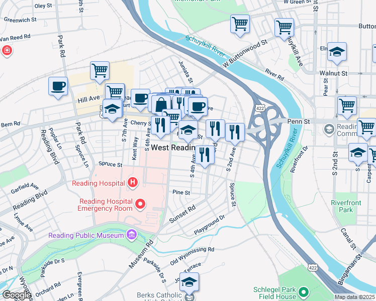 map of restaurants, bars, coffee shops, grocery stores, and more near 418 Deer Alley in West Reading