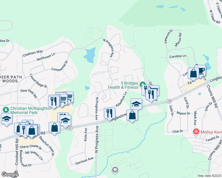 map of restaurants, bars, coffee shops, grocery stores, and more near 120 North Timber Court in Harrisburg