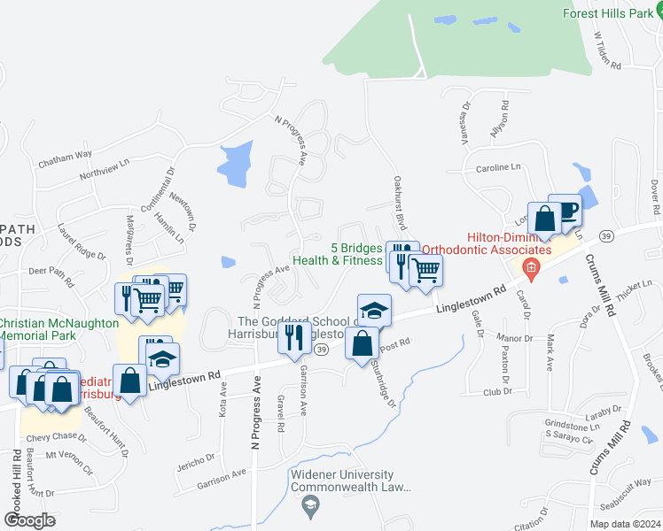 map of restaurants, bars, coffee shops, grocery stores, and more near 2879 Oakwood Drive in Harrisburg