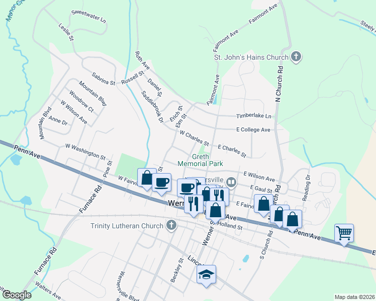map of restaurants, bars, coffee shops, grocery stores, and more near 425 North Walnut Street in Wernersville