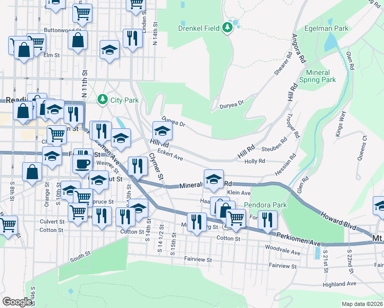map of restaurants, bars, coffee shops, grocery stores, and more near 1518 Hill Road in Reading