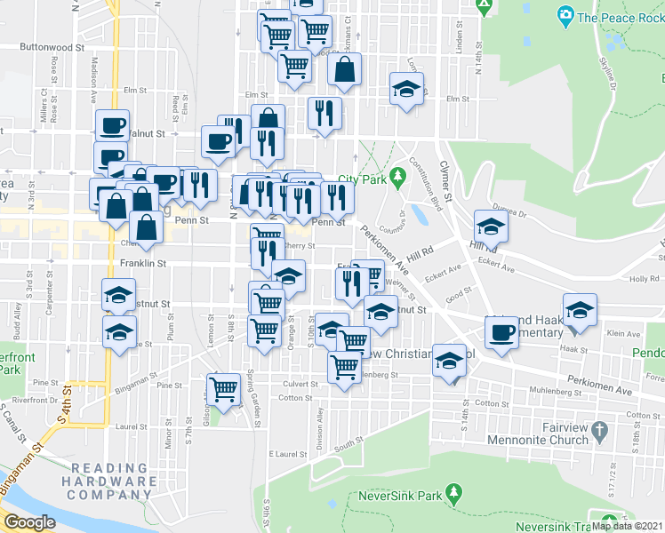map of restaurants, bars, coffee shops, grocery stores, and more near 1019 Franklin Street in Reading