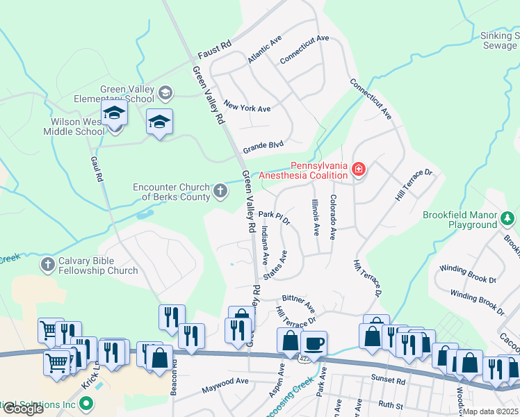 map of restaurants, bars, coffee shops, grocery stores, and more near 3 Park Place Drive in Reading