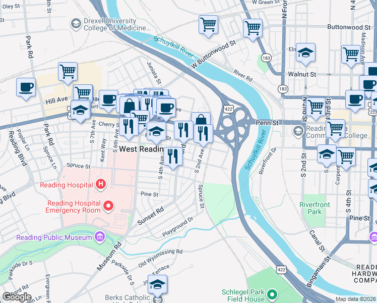 map of restaurants, bars, coffee shops, grocery stores, and more near 118 Yarnell Street in West Reading