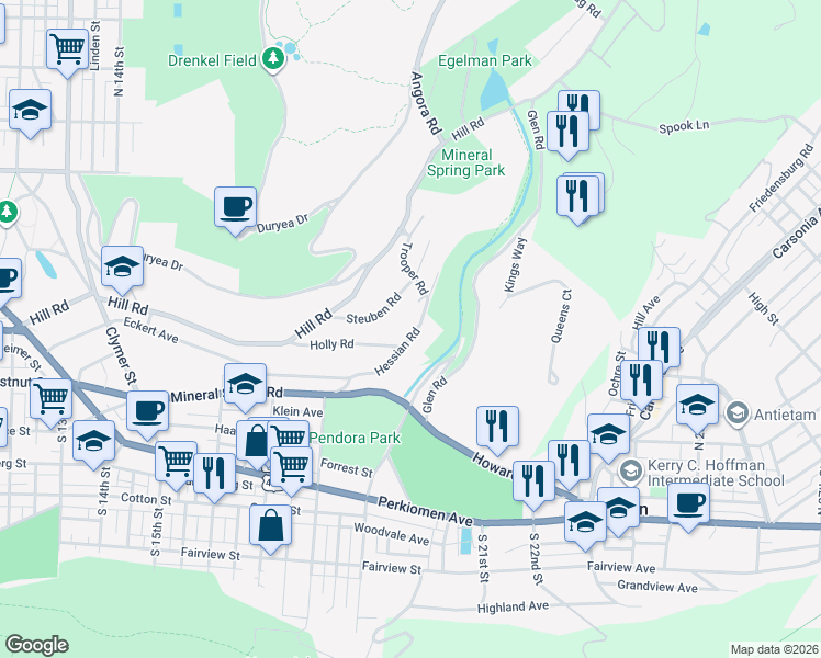 map of restaurants, bars, coffee shops, grocery stores, and more near 1982 Hessian Road in Reading