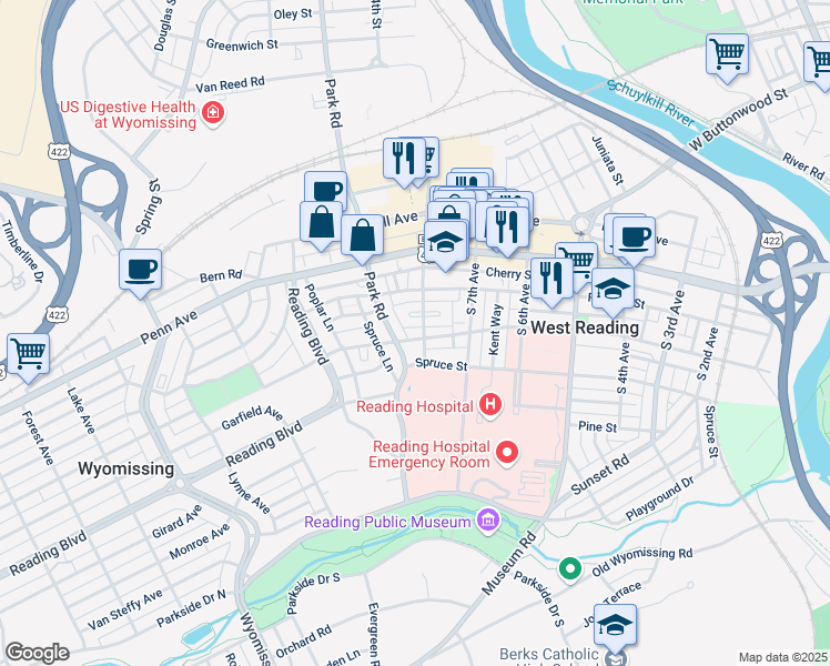 map of restaurants, bars, coffee shops, grocery stores, and more near 803 Wayne Avenue in Wyomissing