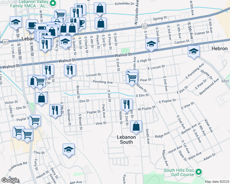 map of restaurants, bars, coffee shops, grocery stores, and more near 403 Noble Street in Lebanon