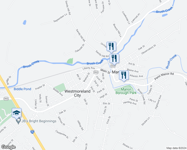 map of restaurants, bars, coffee shops, grocery stores, and more near 8515 Broadway Street in Westmoreland City