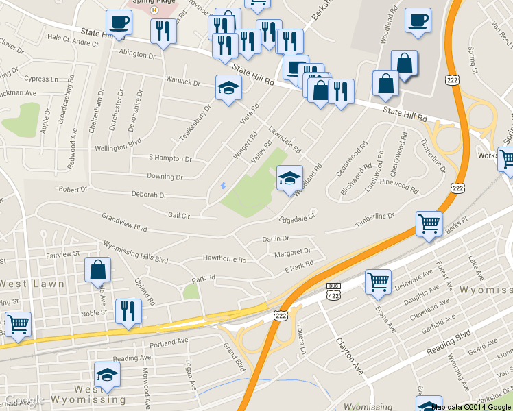 map of restaurants, bars, coffee shops, grocery stores, and more near Park Drive in Wyomissing