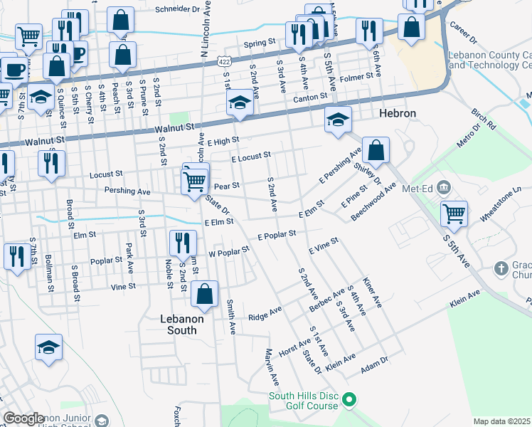 map of restaurants, bars, coffee shops, grocery stores, and more near 125 East Elm Street in Lebanon