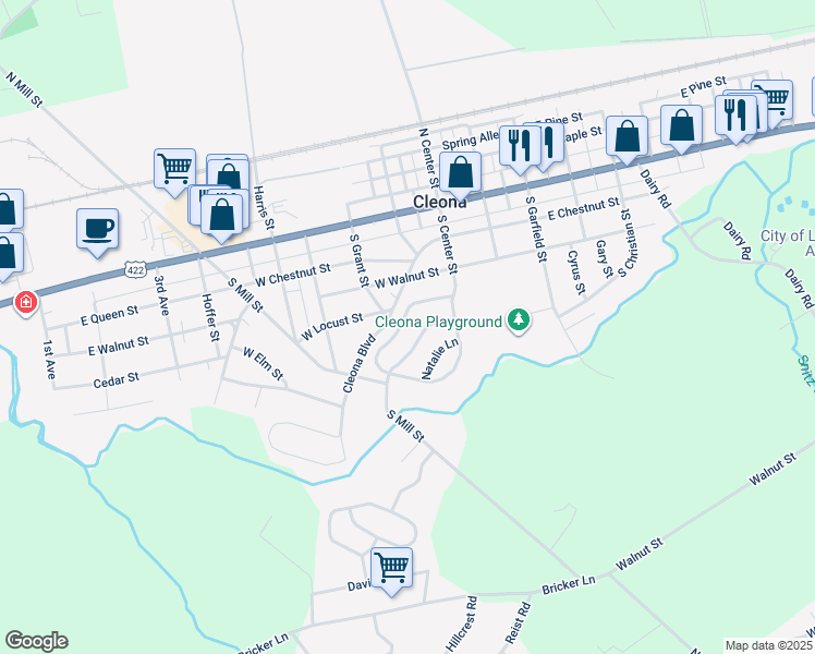 map of restaurants, bars, coffee shops, grocery stores, and more near 24 Dogwood Lane in Cleona