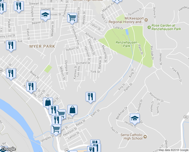 map of restaurants, bars, coffee shops, grocery stores, and more near 2715 Cleveland Street in McKeesport