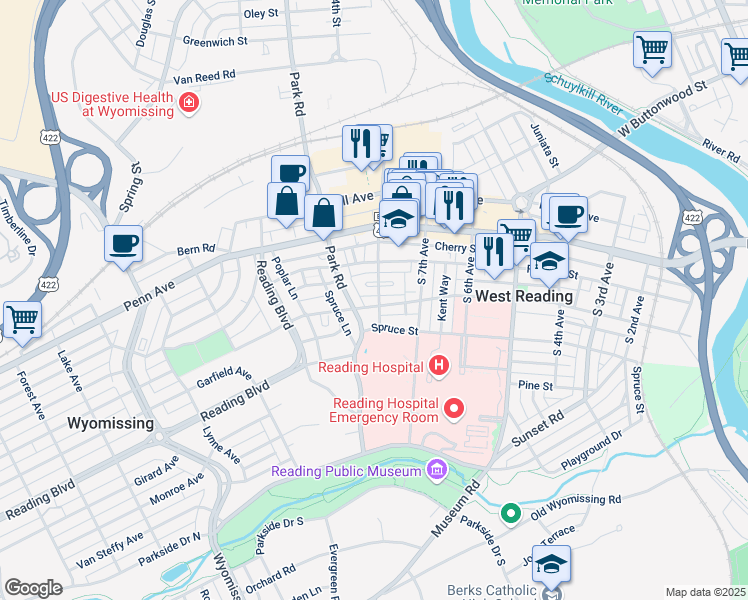 map of restaurants, bars, coffee shops, grocery stores, and more near 803 Wayne Avenue in Wyomissing