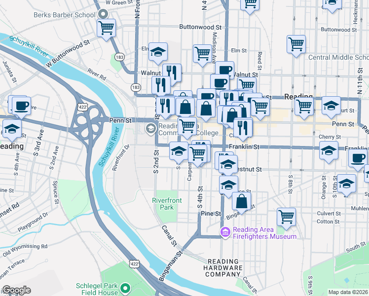 map of restaurants, bars, coffee shops, grocery stores, and more near 304 Franklin Street in Reading