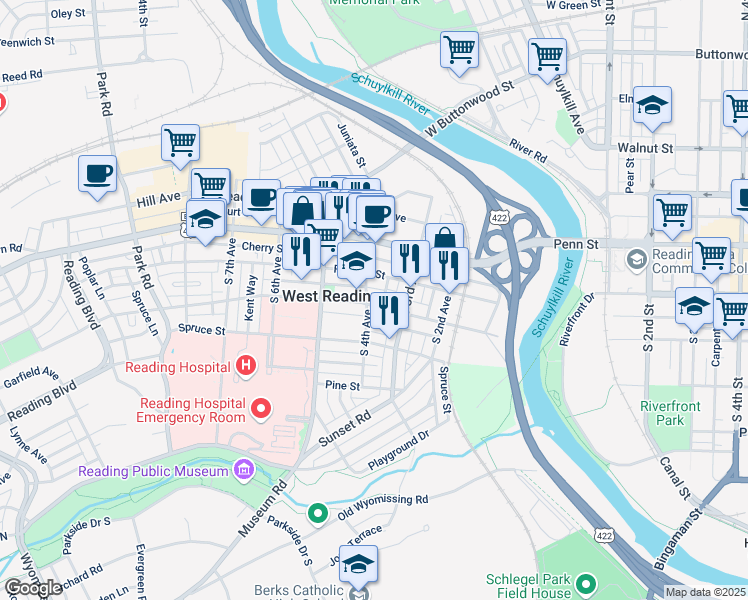 map of restaurants, bars, coffee shops, grocery stores, and more near 121 Obold Street in West Reading