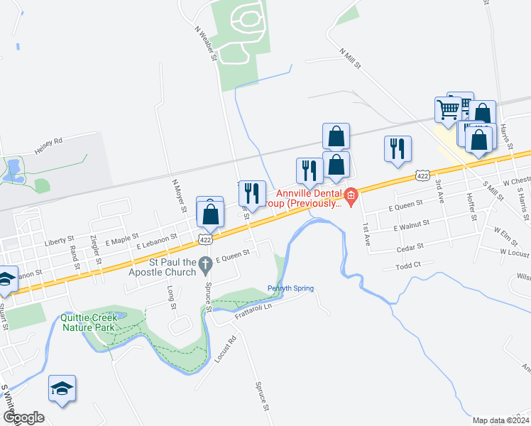 map of restaurants, bars, coffee shops, grocery stores, and more near 1055 E Main St in Annville