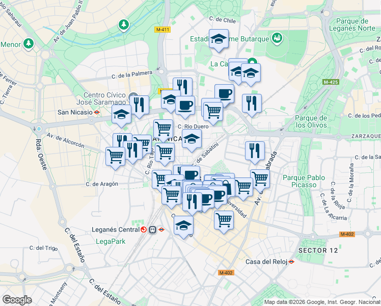 map of restaurants, bars, coffee shops, grocery stores, and more near 7 Calle Río Gállego in Leganés