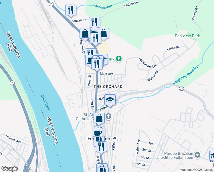 map of restaurants, bars, coffee shops, grocery stores, and more near Raspberry Alley in Follansbee