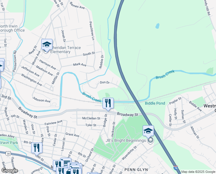 map of restaurants, bars, coffee shops, grocery stores, and more near 9540 Don Drive in Irwin