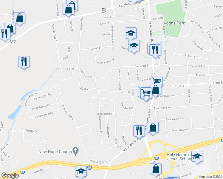 map of restaurants, bars, coffee shops, grocery stores, and more near 5876 Fox Street in Harrisburg