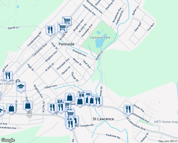 map of restaurants, bars, coffee shops, grocery stores, and more near 221 Mayer Street in Reading