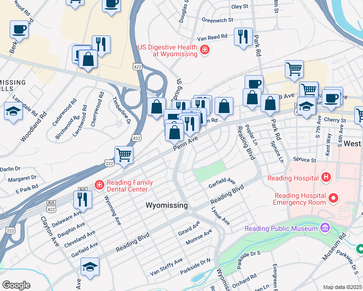 map of restaurants, bars, coffee shops, grocery stores, and more near 0 Wyomissing Boulevard in Wyomissing