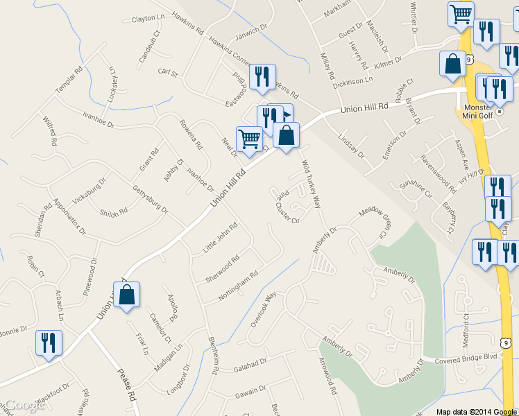 map of restaurants, bars, coffee shops, grocery stores, and more near 39 Nottingham Road in Manalapan Township
