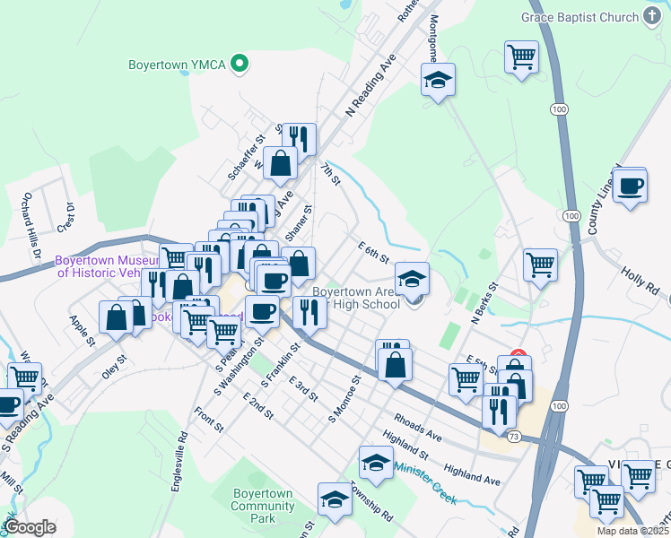 map of restaurants, bars, coffee shops, grocery stores, and more near 138 North Washington Street in Boyertown