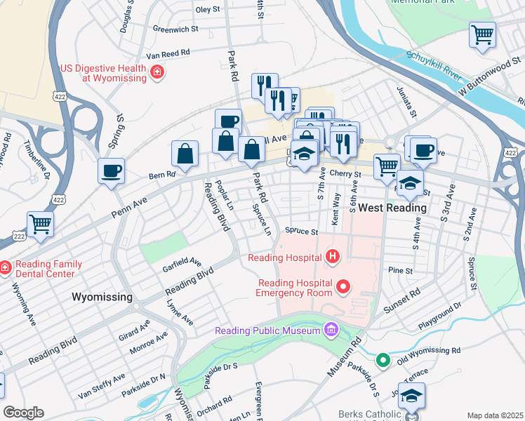 map of restaurants, bars, coffee shops, grocery stores, and more near 130 South Park Road in Wyomissing