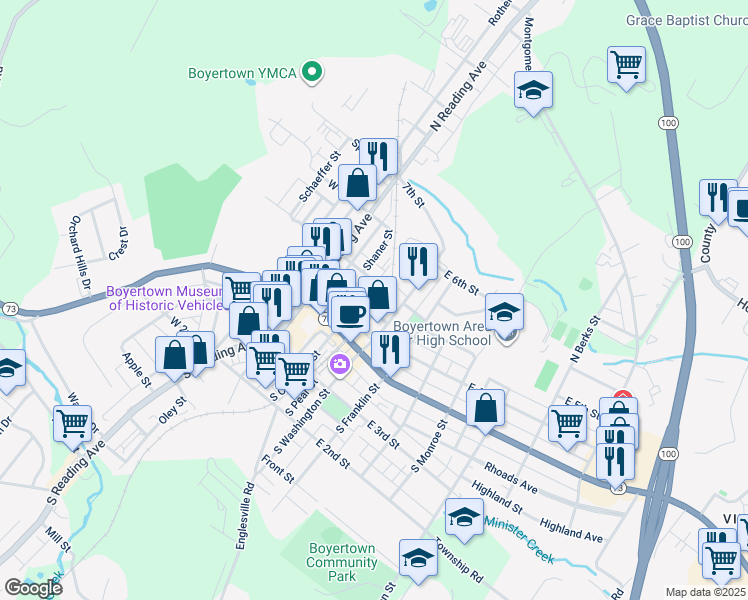 map of restaurants, bars, coffee shops, grocery stores, and more near 100 N Chestnut St in Boyertown