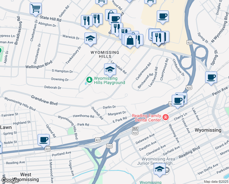 map of restaurants, bars, coffee shops, grocery stores, and more near 110 Woodland Road in Wyomissing