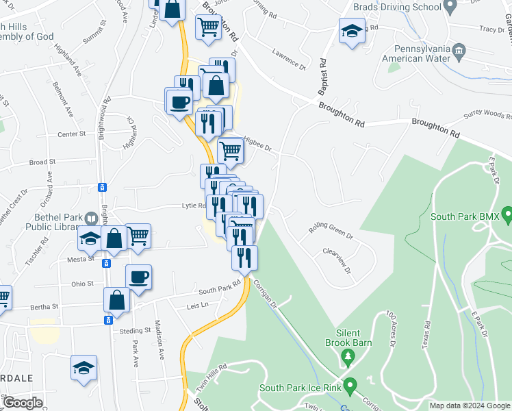 map of restaurants, bars, coffee shops, grocery stores, and more near 7200 Baptist Road in Bethel Park
