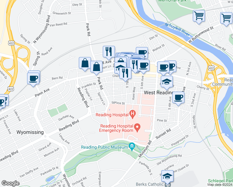 map of restaurants, bars, coffee shops, grocery stores, and more near 723 Wayne Avenue in West Reading