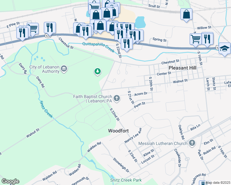 map of restaurants, bars, coffee shops, grocery stores, and more near 2148 Walnut Street in Lebanon