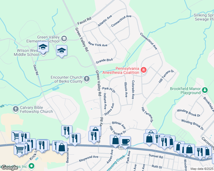map of restaurants, bars, coffee shops, grocery stores, and more near 1 Pacific Ave in Sinking Spring