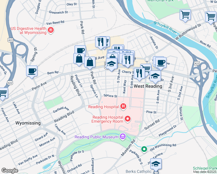 map of restaurants, bars, coffee shops, grocery stores, and more near 723 Wayne Avenue in West Reading